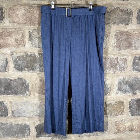 J. Jill Linen Stretch Pants Women Large Blue Brown Stripe Wide Leg Belted‎ - Picture 1 of 14